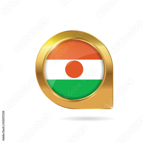 Flag of Niger, location map pin, pointer flag, button with the reflection of light and shadow, gold frame, Icon country. Realistic vector illustration on white background. Free Download Flag of Niger, location map pin, pointer flag, button with the reflection of light and shadow, gold frame, Icon country. Realistic vector illustration on white background. - GFXLoad