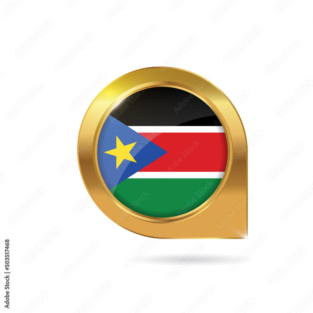 Flag of South Sudan, location map pin, pointer flag, button with the reflection of light and shadow, gold frame, Icon country. Realistic vector illustration on white background. Flag of South Sudan, location map pin, pointer flag, button with the reflection of light and shadow, gold frame, Icon country. Realistic vector illustration on white background.