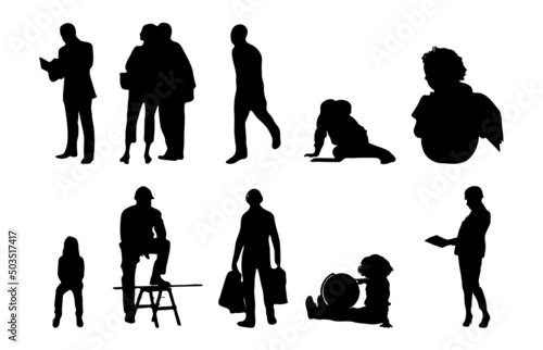 Vector silhouettes, Outline silhouettes of people, Contour drawing, people silhouette, Icon Set Isolated, Silhouette of sitting people, Architectural set	
