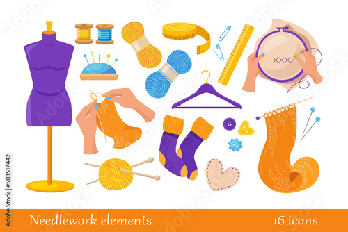 Needlework, tools for sewing and knitting collection.