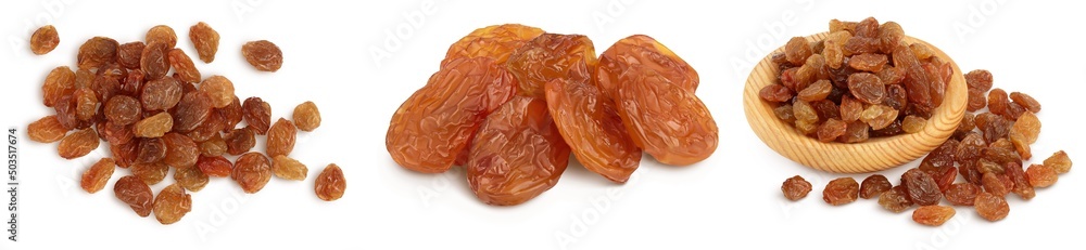 Brown raisin isolated on white background with clipping path. Top view. Flat lay. Set or collection Brown raisin isolated on white background with clipping path. Top view. Flat lay. Set or collection