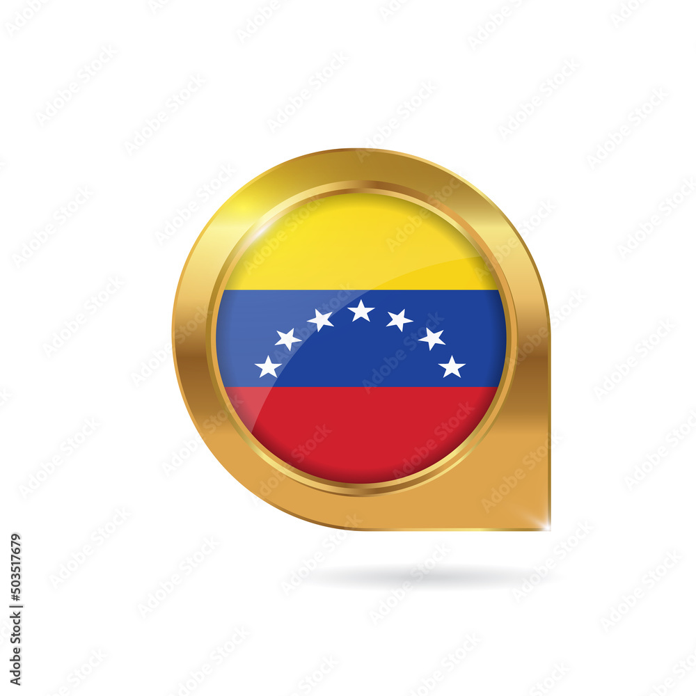 Flag of Venezuela, location map pin, pointer flag, button with the reflection of light and shadow, gold frame, Icon country. Realistic vector illustration on white background. Flag of Venezuela, location map pin, pointer flag, button with the reflection of light and shadow, gold frame, Icon country. Realistic vector illustration on white background.
