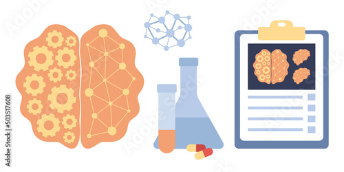 Neurology science and brain research icon set. Study human brain and psychology. Head Tomography. Vector flat illustration 