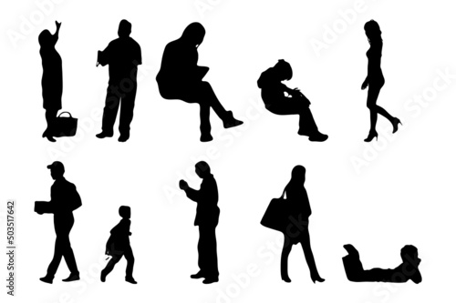 Vector silhouettes, Outline silhouettes of people, Contour drawing, people silhouette, Icon Set Isolated, Silhouette of sitting people, Architectural set	
