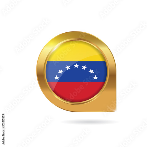 Free Download Flag of Venezuela, location map pin, pointer flag, button with the reflection of light and shadow, gold frame, Icon country. Realistic vector illustration on white background. - GFXLoad
