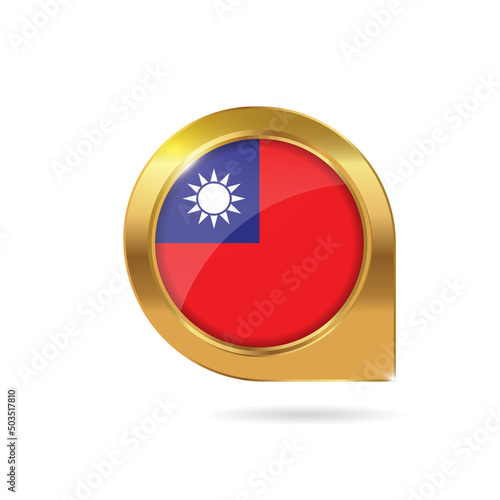 Free Download Flag of Taiwan, location map pin, pointer flag, button with the reflection of light and shadow, gold frame, Icon country. Realistic vector illustration on white background. - GFXLoad