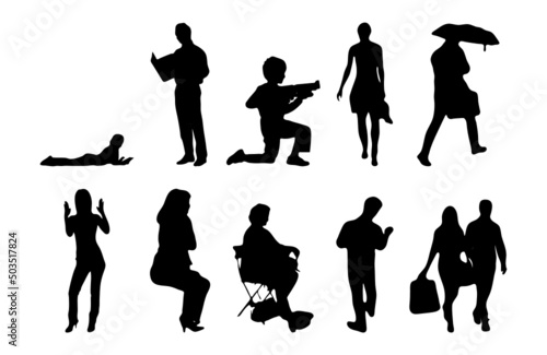 Vector silhouettes, Outline silhouettes of people, Contour drawing, people silhouette, Icon Set Isolated, Silhouette of sitting people, Architectural set	