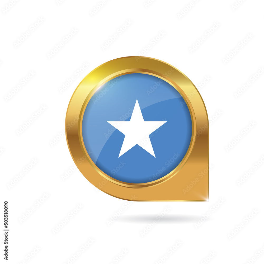 Flag of Somalia, location map pin, pointer flag, button with the reflection of light and shadow, gold frame, Icon country. Realistic vector illustration on white background. Flag of Somalia, location map pin, pointer flag, button with the reflection of light and shadow, gold frame, Icon country. Realistic vector illustration on white background.