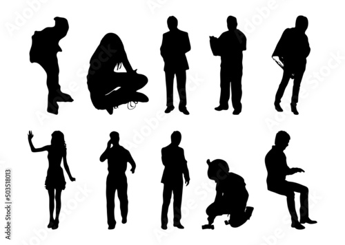 Vector silhouettes, Outline silhouettes of people, Contour drawing, people silhouette, Icon Set Isolated, Silhouette of sitting people, Architectural set	
