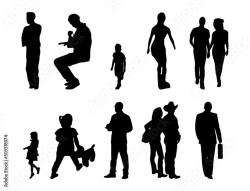 Vector silhouettes, Outline silhouettes of people, Contour drawing, people silhouette, Icon Set Isolated, Silhouette of sitting people, Architectural set	
