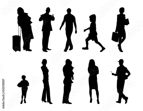 Vector silhouettes, Outline silhouettes of people, Contour drawing, people silhouette, Icon Set Isolated, Silhouette of sitting people, Architectural set	
