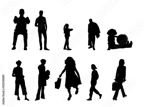 Vector silhouettes, Outline silhouettes of people, Contour drawing, people silhouette, Icon Set Isolated, Silhouette of sitting people, Architectural set	
