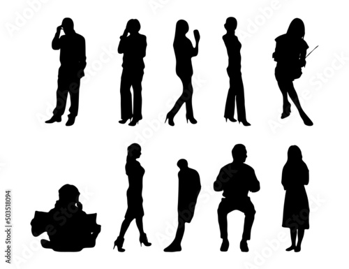 Vector silhouettes, Outline silhouettes of people, Contour drawing, people silhouette, Icon Set Isolated, Silhouette of sitting people, Architectural set	
