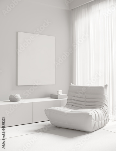 3d render of an all white Poster frame mock-up in a modern white home interior background with a lounge chair