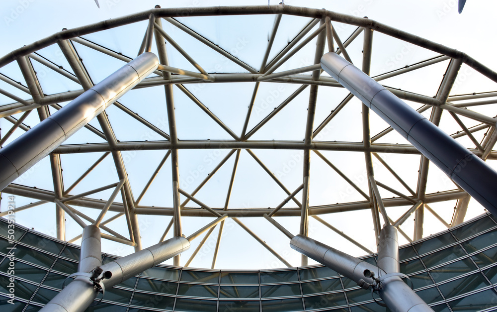 Steel Roof Structure protruding from the building to prevent rain in front of a building in Thailand. Steel Roof Structure protruding from the building to prevent rain in front of a building in Thailand.