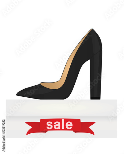 Shoe on shoe box with sale notice. vector