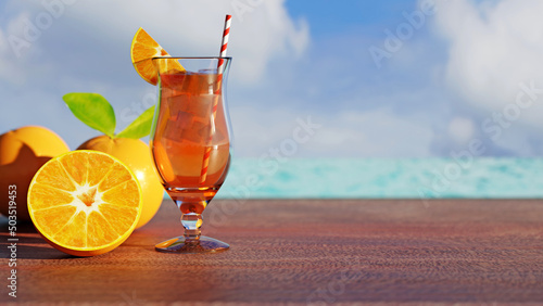 3D Fresh tangerine Orange group sweet fruits and orange juice in beautiful glass and half slice on brown wood table with blurred sky and blue sea view in summer