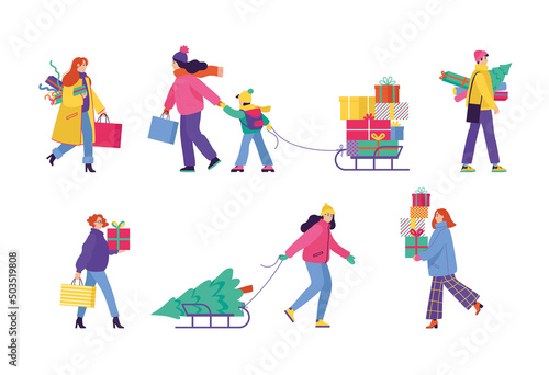 Set of happy cartoon people walking and carrying boxes with Christmas presents and fir-trees. Flat style, vector illustration, fun characters. Isolated icons on a white background.