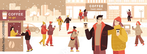 Take-away coffee banner template with cartoon characters. People walking around the city and drinking coffee to go, barista in take away kiosk giving coffee cup to man. Flat style,vector illustration.