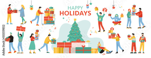 Set of happy people received presents. Flat cartoon colorful vector illustration. Group of joyful people celebrate Christmas and hold gifts. Isolated images on a white background.