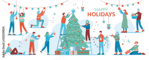 Group of happy young people decorating Christmas tree and preparing for Christmas. Flat cartoon colorful vector illustration. Isolated images on white background.
