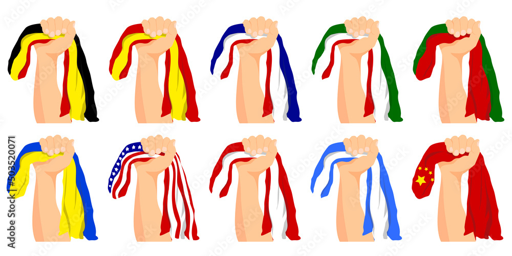 Set of hands holding and raising flags of different countries. Patriotic pride and victory celebration Set of hands holding and raising flags of different countries. Patriotic pride and victory celebration