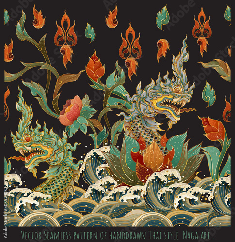 Vector Seamless pattern of handdrawn Thai style  Naga art