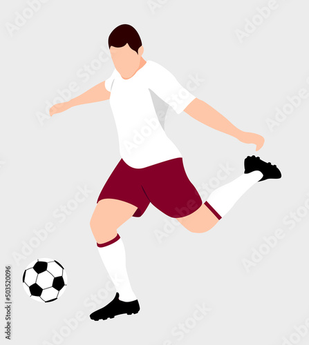 Flat drawing of a soccer player in the Qatar 2022 World Cup colors hitting a soccer ball