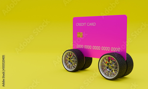 3d illustration , credit card on car wheels, yellow background, copy space ,3d rendering photo