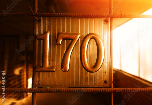 Golden number 170 banner at car garage backdrop photo