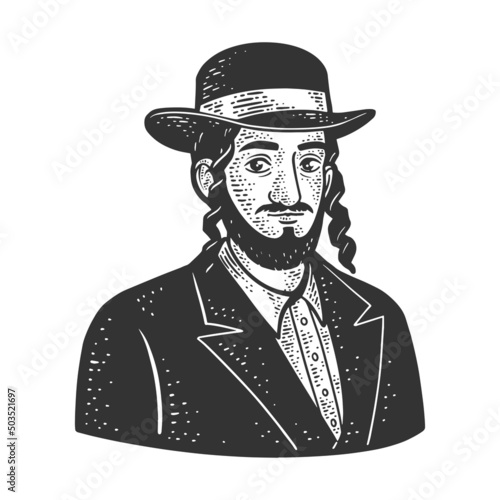 Orthodox Jew sketch engraving vector illustration. T-shirt apparel print design. Scratch board imitation. Black and white hand drawn image.