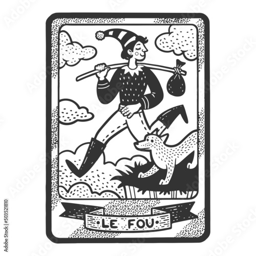 Tarot playing card fool jester sketch engraving vector illustration. T-shirt apparel print design. Scratch board imitation. Black and white hand drawn image.