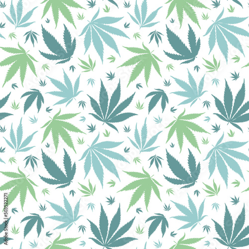 Marijuana background vector. Cannabis silhouette seamless pattern. Green and blue weed leaves on a transparent background