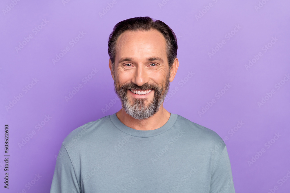 Fototapeta premium Photo of handsome cheerful mature man visit stomatology specialist whitening teeth isolated on purple color background