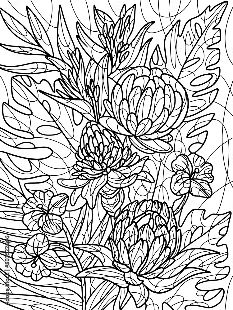 Mix of field flowers with thorns. Background with lines. Raster illustration, coloring book. Mix of field flowers with thorns. Background with lines. Raster illustration, coloring book.