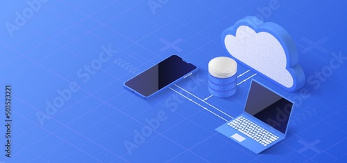 Cloud storage isometric illustration. Data server platform. Computer service technology. Network infrastructure.
