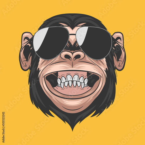 Vector Hand Drawn Smiling Chimpanzee Ape with Sunglasses. Colored Abstract Funny Monkey Head for Wall Art, T-shirt Print, Poster. Cartoon Cute Chimp Monkey Icon, Logo, Illustration