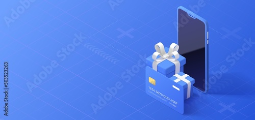 Online shop concept. Mobile store sales with gift box. Promotion isometric background. Vector illustration.