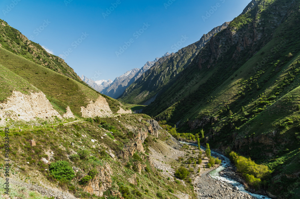 Alpine narrow valley on a sunny summer day.