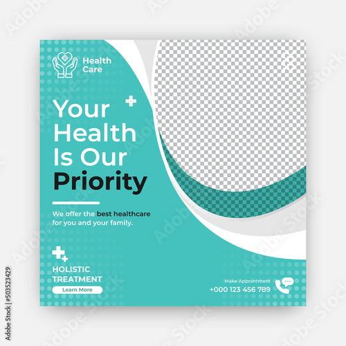 Professional medical healthcare service social media post template design. Clinic or hospital digital marketing flyer for web. Creative health business promotion banner for doctor & dentist with logo