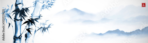 Ink painting landscape with bamboo and misty mountains. Traditional oriental ink painting sumi-e, u-sin, go-hua. Translation of hieroglyph - eternity.
