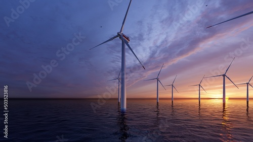 8k Ultra HD 7640x4320. Ocean Wind Farm. Windmill farm in the ocean. Offshore wind turbines in the sea. Wind turbine from aerial view, 3d rendering.