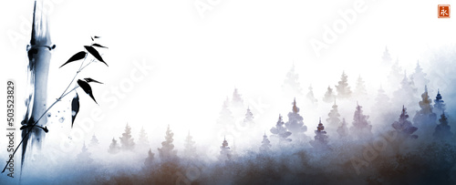 Ink painting landscape with bamboo and misty forest mountains. Traditional oriental ink painting sumi-e, u-sin, go-hua. Translation of hieroglyph - eternity