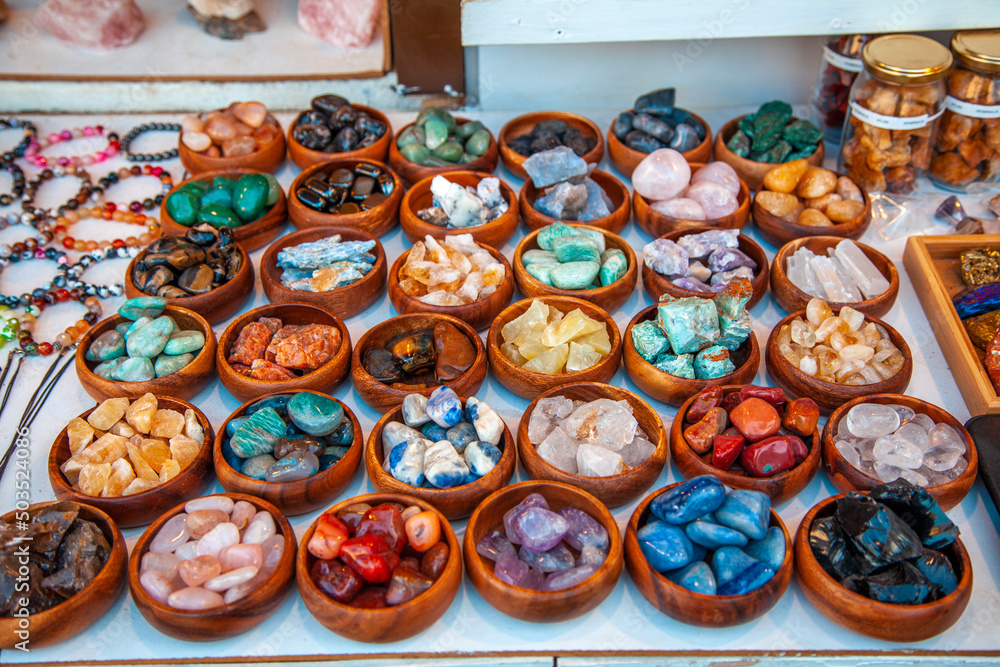 Natural, astrological stones in the bowl. Spiritual stone.
