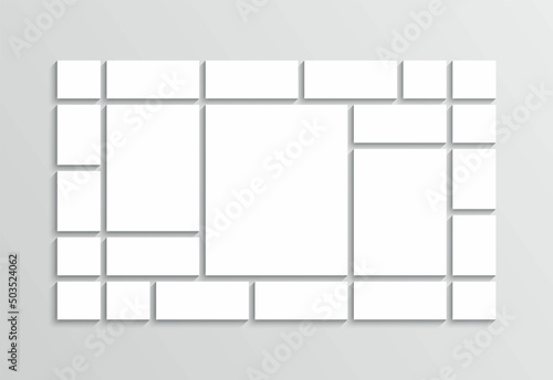 Album photo collage grid. Moodboard template. Album brandboard background. Gallery banner. Mosaic pictures frame. Simple scrapbook layout. Portfolio images. Collection photoframe. Vector illustration