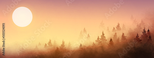 Misty forest mountains landscape. Traditional oriental ink painting sumi-e, u-sin, go-hua.