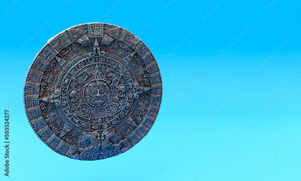 Fototapeta premium a 3d illustration, aztec calendar, on blue background, copy space, 3d rendering
