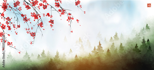 Landscape with blossoming sakura and misty forest mountains. Traditional oriental ink painting sumi-e, u-sin, go-hua. Translation of hieroglyph - zen
