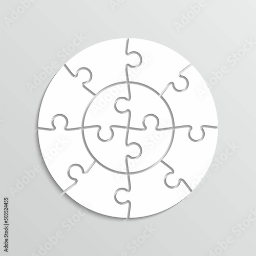 Puzzle grid in circle shape. Scheme of thinking game. Jigsaw outline pieces. Modern background with 12 mosaic details. Simple frame tiles. Cutting template. Vector illustration.