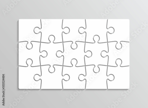 Puzzle pieces grid. Jigsaw template. Thinking mosaic game with 15 separate shapes on background. Puzzle layout with 3x5 details. Laser cut frame. Vector illustration. Paper leisure toy.